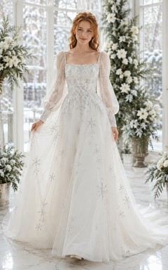 Silbernes Winterkleid im A-Linien-Stil mit Puffärmeln, eckigem Ausschnitt, langen Ärmeln, bodenlanger Schleppe und romantischem Design