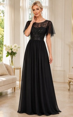 Black Elegant High-Neck Chiffon-Lace Short-Sleeve A-Line Floor-Length Dress