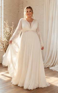 Plus Size Langarm-Chiffon-Empire-Brautkleid im Boho-Stil mit V-Ausschnitt und langen Ärmeln