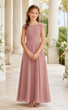 Minimalistisches, altrosafarbenes Chiffon-Brautjungfernkleid mit kurzen Ärmeln, Schmucksteinen, A-Linie und Teelänge