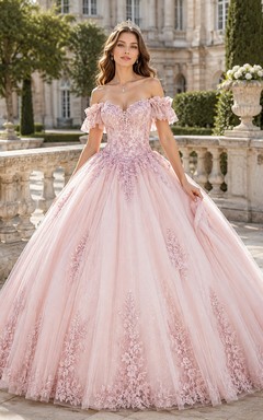 Blush Off Shoulder Applique Tulle Quinceanera Ball Gown