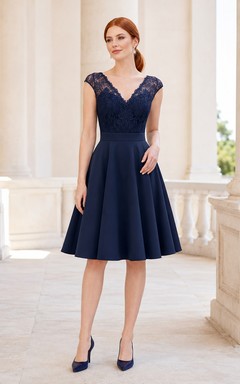 Dark Navy V-Neck Cap Sleeve A-Line Dress