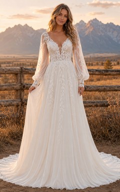 Robe de mariée champêtre en dentelle, coupe trapèze, col en V, manches longues, traîne chapelle