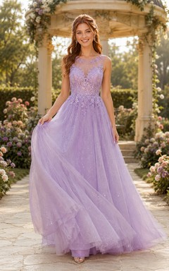 Plus Size Lavendel-Abendkleid in A-Linie aus Illusionsspitze mit Tüllrock und V-Ausschnitt am Rücken für formelle Gartenveranstaltungen