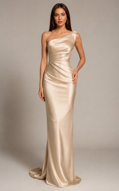 Evening Gown Champagne Satin Sheath One Shoulder Sleeveless Ruched Floor Length