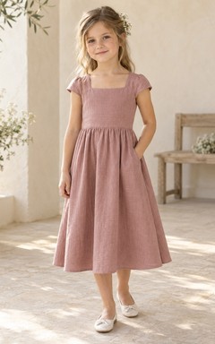 Square Neck Simple Tea-length Dusty Rose Cap Sleeve Linen Flower Girl Dress