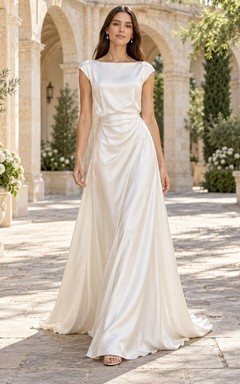 Simple Bateau Cap Sleeve Draped Satin A-line Bridal Wedding Dress