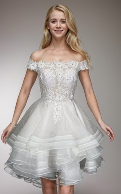 White Short A-line Empire Ruffled Layered Dress with Lace Top