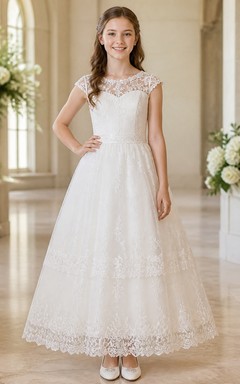 Modest Junior Bridesmaid Ankle-length A-Line Scoop Cap Sleeve Lace Dress