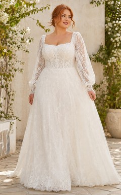 Plus Size Langarm-Hochzeitskleid im Empire-Stil mit eckigem Ausschnitt und Spitze im Boho-Stil