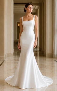Minimalist Square Neck Sleeveless Satin Mermaid Court Train Modern Wedding Dress
