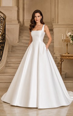 Elegant Square Neck Sleeveless Satin A-Line Cathedral Train Bridal Gown