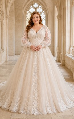 Vestido de novia de gala de encaje con mangas largas y talla grande