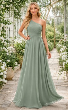 Sage Botanical Garden A-Line Chiffon Bridesmaid Dress with Sleeveless One-Shoulder Bodice, Pleated Floor-Length Skirt and Low V Back