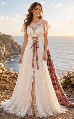 Scottish Handfasting Tartan-Train Cap-Sleeve V-Neck Lace A-Line Boho Wedding Dress