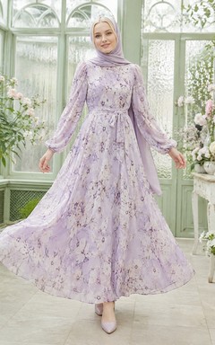 Lilac Floral Chiffon High Neck Long Sleeve Modest Maxi Dress