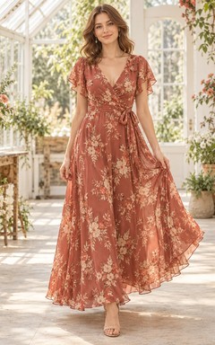 Boho Vermilion Floral V-neck Flutter Sleeve Chiffon Ankle Length Bridesmaid Dress