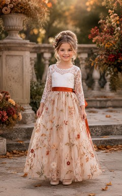 Ivory Boho Long Sleeve A-Line Lace Flower Girl Dress with Floral Details, Bow Sash