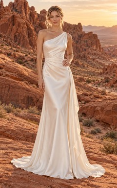 Vestido de novia sencillo de un solo hombro, sin mangas, drapeado y largo hasta el suelo, de charmeuse.