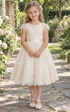 Tea-length Cream Cap Sleeve Scoop Floral Scalloped Lace Bow Sashed A-Line Flowergirl Dress