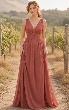 Terracotta V neck lace bodice chiffon floor bridesmaid dress