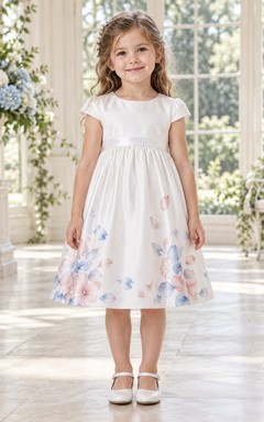 Tea-length White Floral Jewel Neck Cap Sleeve Watercolor Satin Flower Girl Dress