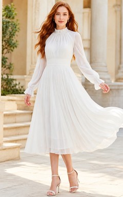 White High Neck Long Sleeve Pleated Tea Length A Line Dress