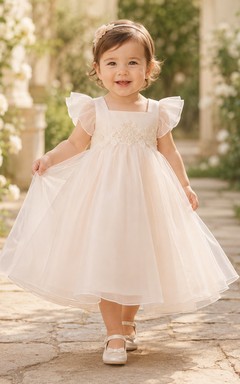 Vestido de bautizo de bebé con superposición de organza transparente color rubor, corte A y mangas con volantes, rosa rubor, romántico, adorable, elegante, de tul.