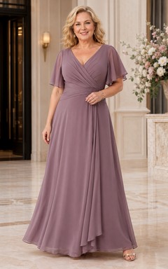 Plus size mauve V neck flutter sleeve chiffon mother gown