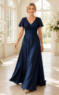 MOB-Kleid Dunkelblau Satin Spitze A-Linie Kurzarm V-Ausschnitt Bodenlang Plissee