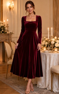 Robe midi trapèze à manches longues et col carré en velours bordeaux