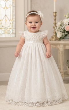Baby Christening Gown Modest A-Line Puff Sleeve Tulle Lace Floor-Length with Bow Sash in Ivory
