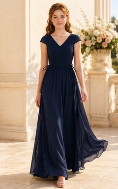 Dark Navy Junior Bridesmaid Dress A-Line V-neck Short Sleeve Cap Chiffon Waist Sash Elegant