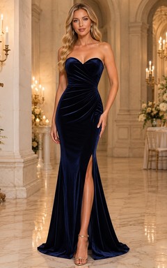 Navy strapless velvet sweetheart mermaid slit formal gala gown