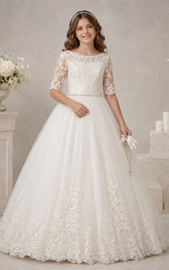 Square Illusion Neck Three Quarter Lace Sleeve Communion Ball Gown