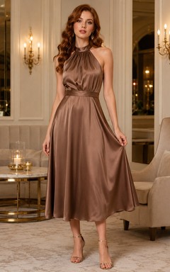 Robe midi trapèze en satin moka à col drapé