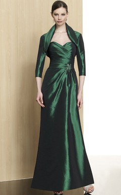 Sheath 3-4-Sleeve Sweetheart Ankle-Length Criss-Cross Satin Formal Dress With Broach And Cape