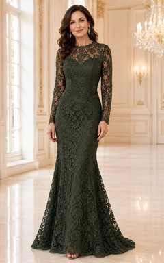 Dark Green Long Sleeve Lace Mermaid Mother Dress
