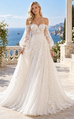 Off Shoulder Balloon Sleeve Draped Floral Tulle A-line Wedding Dress