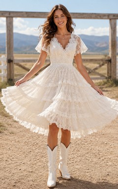 Western V Neck Lace Wedding A Line Flutter Sleeve Tiered Tea Length