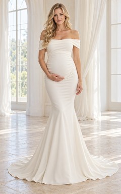 Robe de mariée sirène simple de maternité en crêpe à épaules dénudées et traîne
