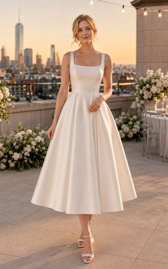 Vestido de novia midi de satén con escote cuadrado y espalda ladeada, ideal para salir a la azotea.