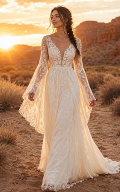 Boho V Neck Lace Bell Sleeve Sunset Bridal Gown