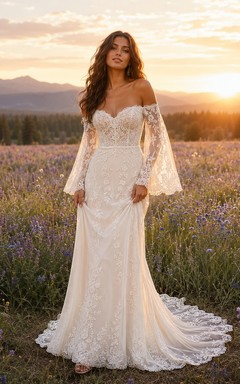 Boho-Meerjungfrauen-Hochzeitskleid aus Spitze mit schulterfreiem Kleid, Glockenärmeln
