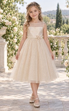 Tea-length Champagne A-line Tulle Sleeveless Illusion-Neck Sparkling Flower-waist Flower Girl Dress