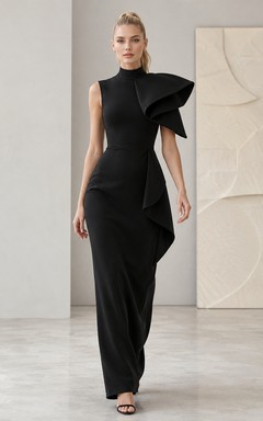 Black High Neck Sculptural Ruffle Shoulder Floor Length Dress
