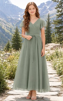 Celadonfarbenes Brautjungfernkleid für junge Damen, A-Linie, V-Ausschnitt, kurze Ärmel mit Blütenblatt-Schärpe, romantisch