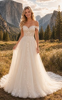 Robe de mariée champêtre en dentelle et tulle, épaules dénudées, décolleté cœur, coupe trapèze, traîne chapelle