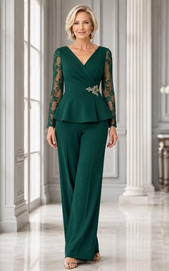 Dark Green V-Neck Illusion-Lace Sleeve Elegant Mother Wide-Leg Jumpsuit Court