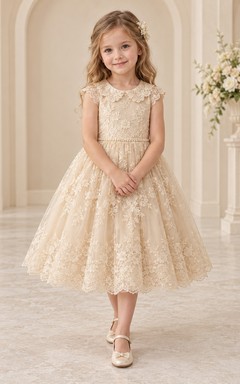Tea-length Vintage Champagne Floral A-line Lace Cap-sleeve Collared Flower Girl Dress